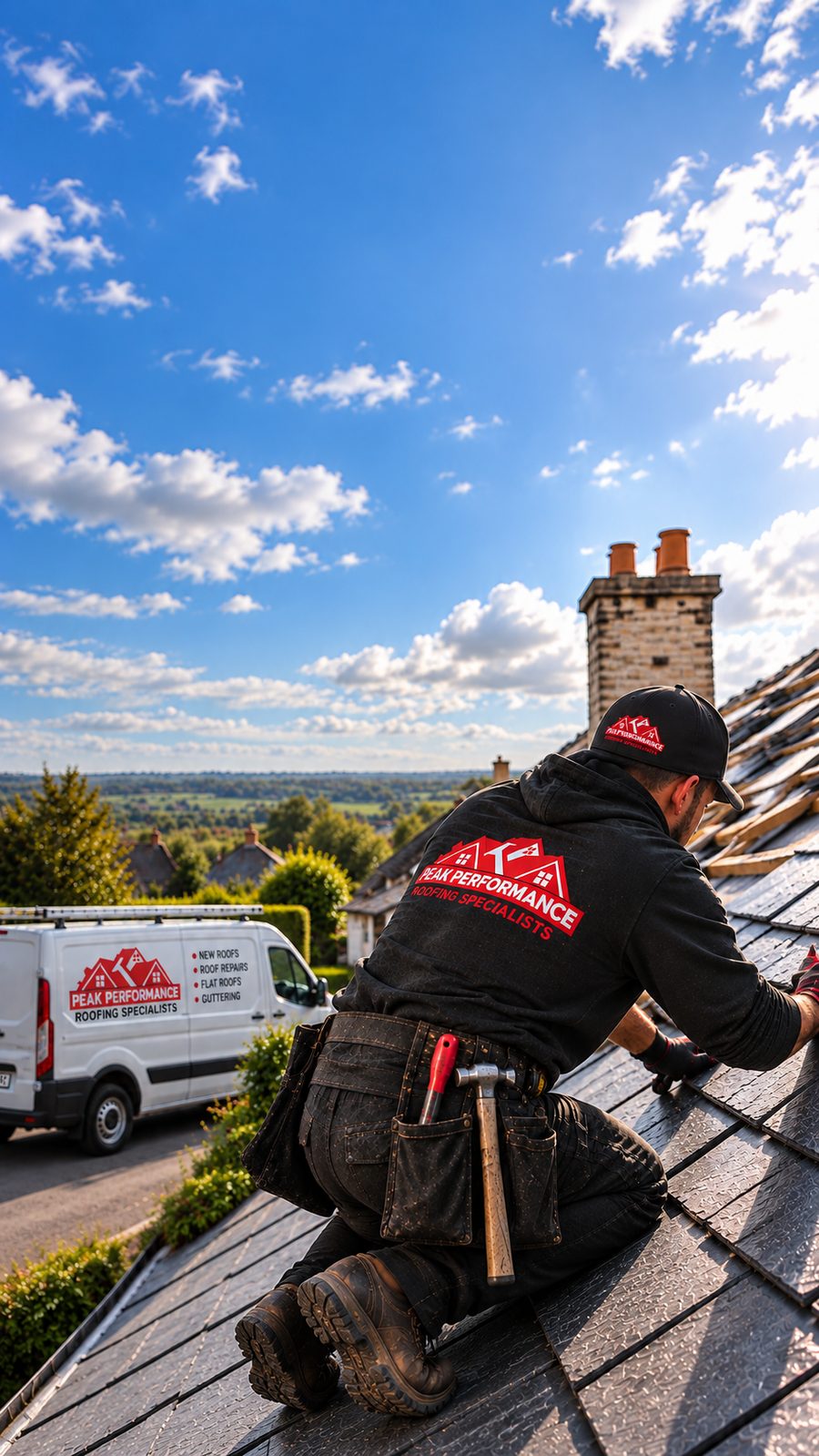 Peak Performance Roofing team member fitting roof tiles, wearing branded workwear, with the company van parked below