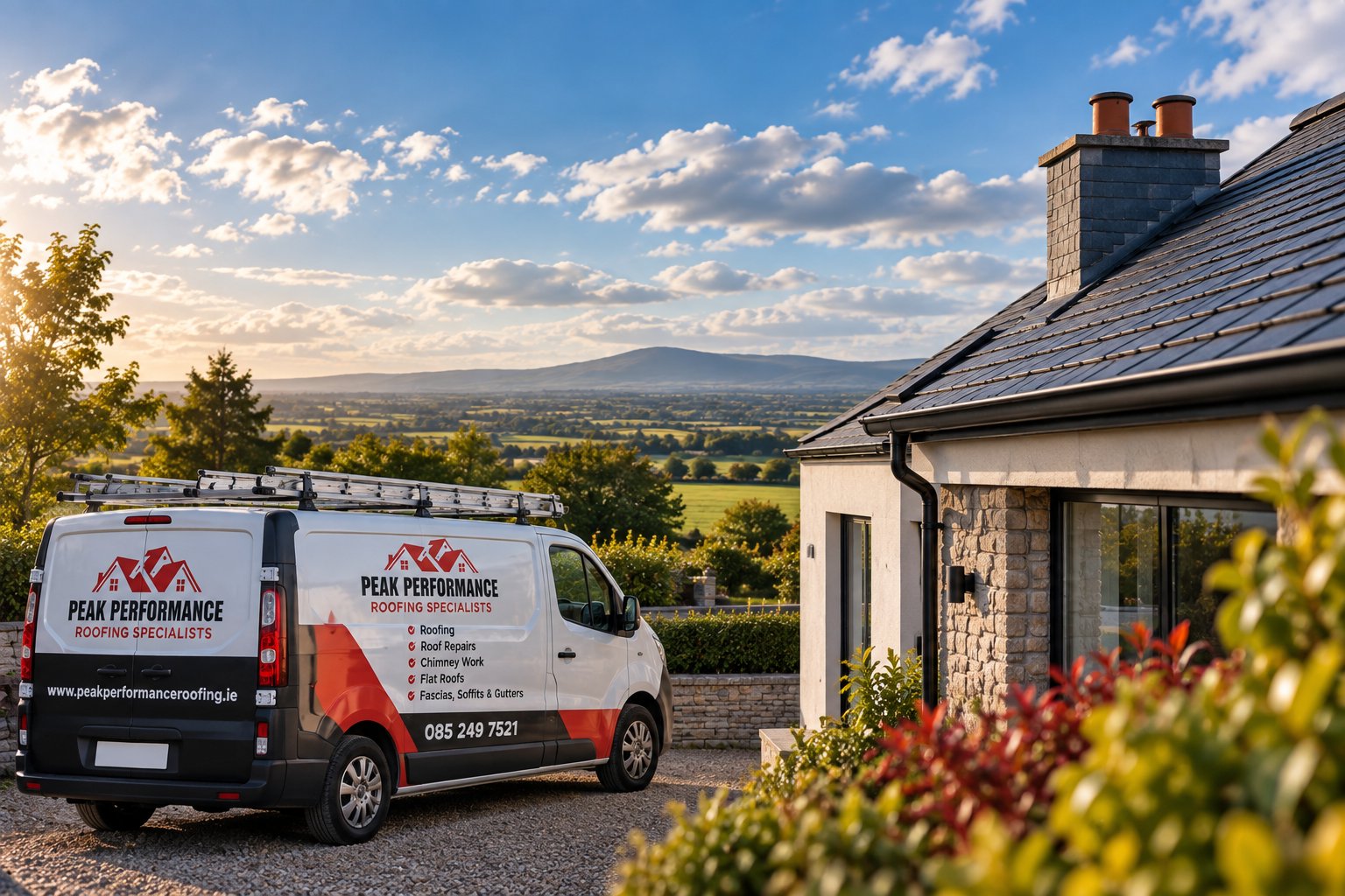 The Peak Performance Roofing branded van parked outside a house with a slate roof and chimney, with a countryside view in the background