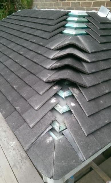 Close-up of valley tiling detail on a pitched roof